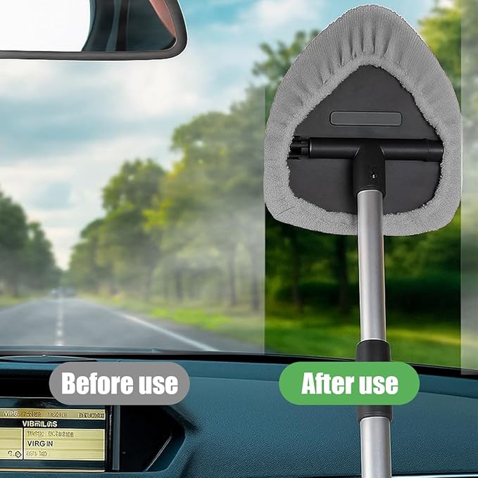 Car Windshield Cleaning Tool, Vehicle Window Cleaner with 3 Reusable Pads & Extendable Handle, Automotive Glass Wiper Wash Kit for Interior Exterior, Universal for Vehicles (Triangular)