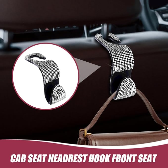 deemars 2 Pack Car Seat Headrest Hook, Bling Car Hooks Front Seat, Back Seat Organizer Hanger Storage Hook Car Purse Hook for Bags, Clothes, Coats, Grocery Bags (White)
