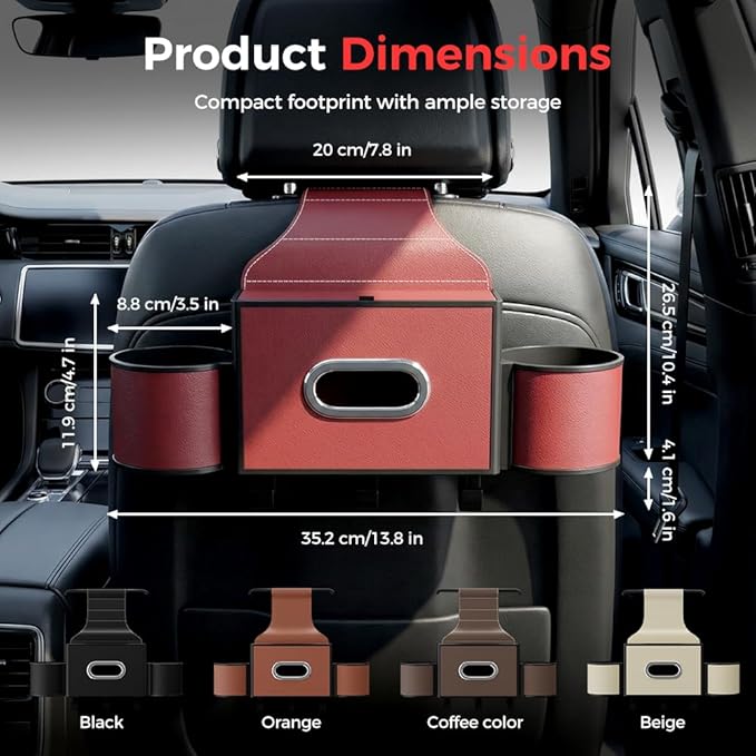 Back Seat Car Organizer,3 in 1 Car Backseat Storage Box with Cup Holder,Tissue Box,Trash Bin&Hooks,Multifunctional Waterproof Storage for Hold Phones Snacks Drinks Handbags (1, A-Orange)