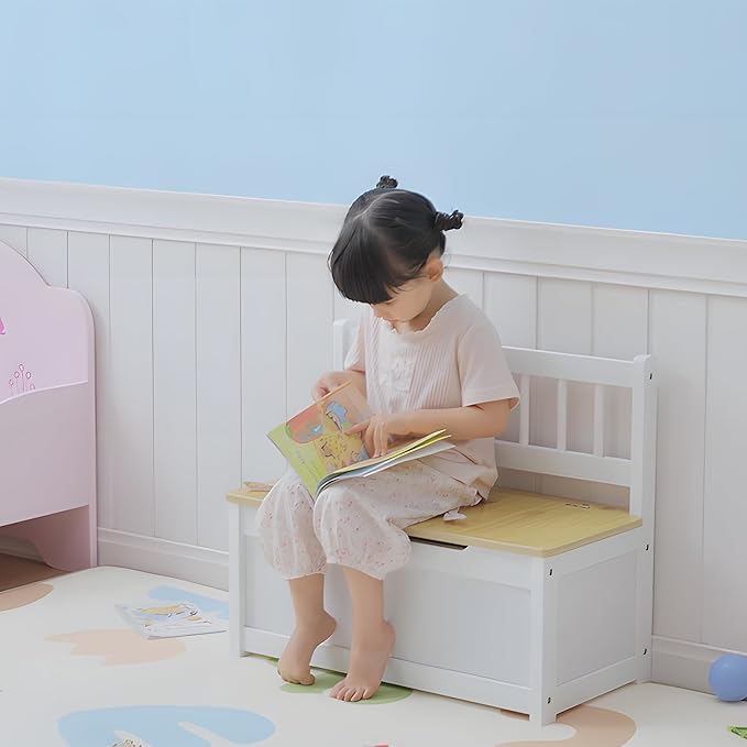 Qaba Toddler Toy Box Storage Bench with Large 27 L Interior, Kids Storage Bench Seat with Storage for Toddler Playroom Furniture, Kids Bedroom Furniture, Toy Organizer and Storage Bin White