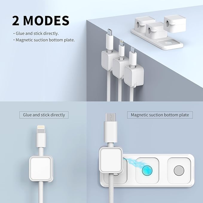 Magnetic Cable Organizer for Desk – Upgraded Wire Clips with Adhesive Base – Desktop Cord Holder for USB, Charging Cables – 6 Clips + 1 Magnetic Base (White)