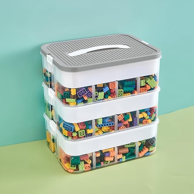 Toys Organizer Storage Case for Lego Box Kids Toy Stackable Building Blocks with Lids Bins Adjustable Lego Storage Containers Plastic Toy Box 3 Layer (Grey)
