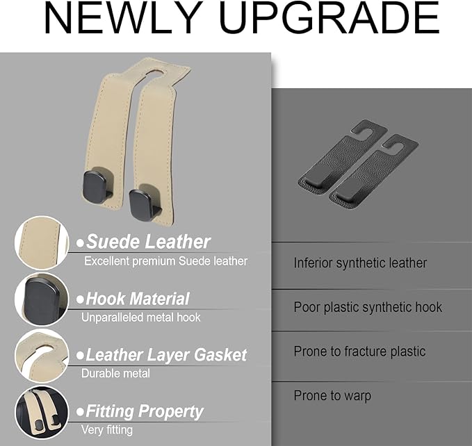 Purse and Bag Hook for Car, Zinc Alloy Seat Headrest Hooks, Upgraded Leather Car Seat Back Purses Hanger and Bags Holder (Beige, 2Pack)