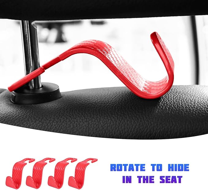 Car Seat Headrest Hooks, 4PCS Carbon Fiber Vehicle Back Seat Storage Hanger Holder for Hangbag Coat Grocery, Automotive Interior Headrest Hook Organizer, Universal for Vehicles (Red)