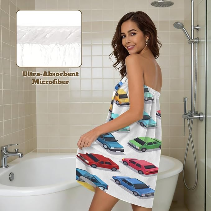 Women's Bath Wrap Colorful Cars Pattern Absorbent Shower Spa Body Bath Robe Wraps Bathrobe Towel with Adjustable Closure