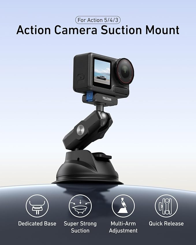TELESIN Suction Cup Car Mount for DJI Action 6 5 pro/4/3 – Strong Magnetic Base, 360° Adjustable Dual Ball Head, Quick Release Camera Mount for Windshield, Dashboard & Smooth Surfaces