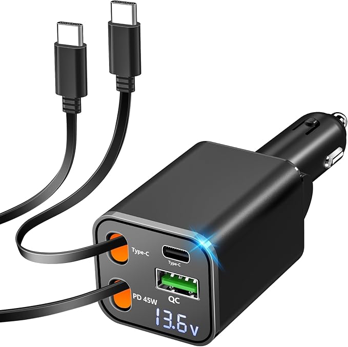Retractable Car Charger, 120W USB-C Fast Charge Phone Charger for Car, 4-in-1 Dual Type-C Cables & USB-A QC Port, Car Charger for iPhone 17/16/15/14/13 Samsung Travel Essentials Gifts for Women & Men