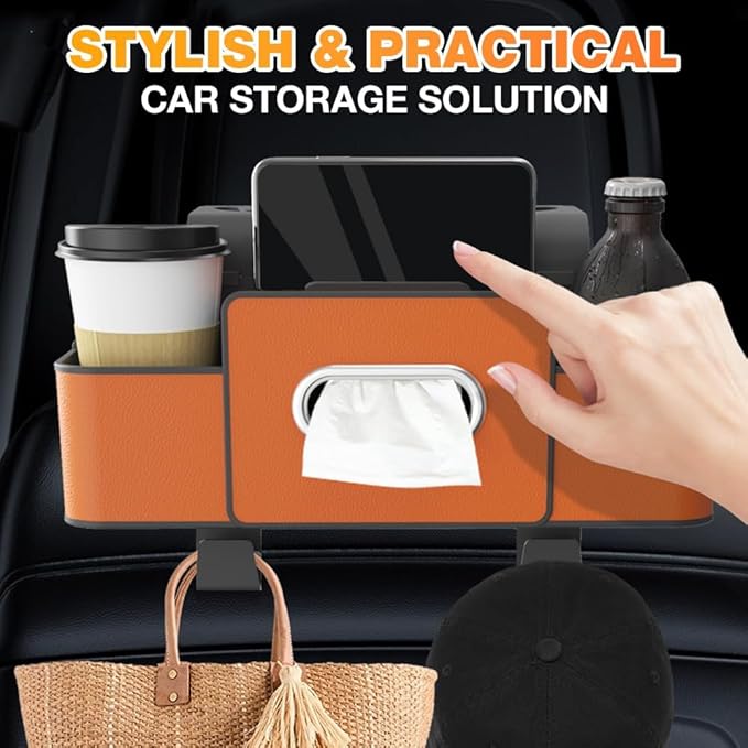3-in-1 Car Backseat Organizer with Cup Holder, Tissue Box, Trash Bin & Hooks,2026 Multifunctional Back Seat Car Organizer for Hold Phones, Snacks, Drinks, and Handbags (Orange)