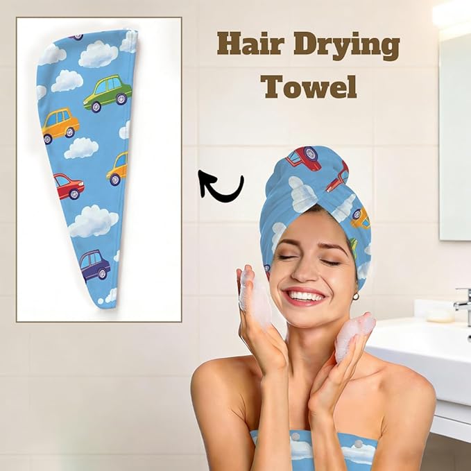 Women Bath Wrap Hair Towel Drying Cap Set Colored Cars Clauds Soft Absorbent Bathrobe Shower Wraps with Adjustable Closure Spa Bath Robe