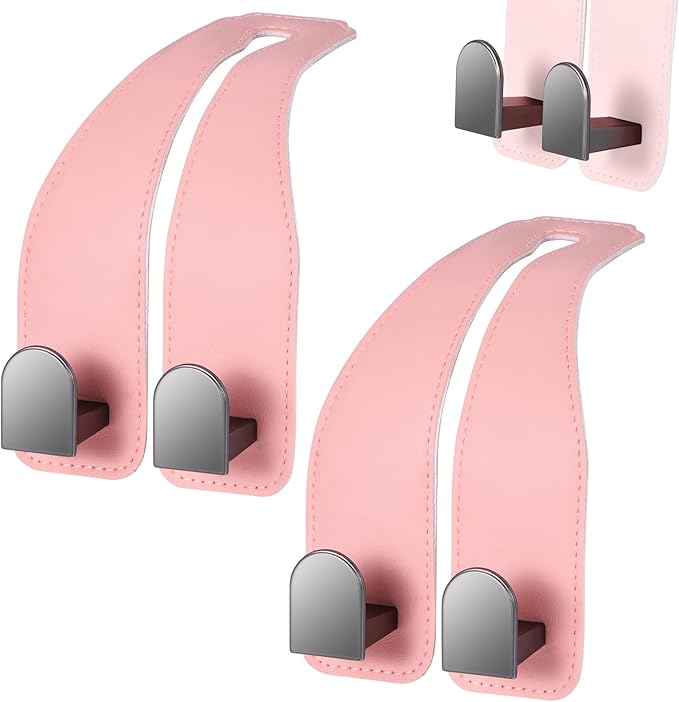 Car Hooks for Headrest, Leather Car Seat Back Storage Organizer Interior Accessories, More Wide & Deep Auto Seat Hook Hangers for Purse Umbrellas Handbag Clothes Coats Grocery Bags (Pink-2 Pack)