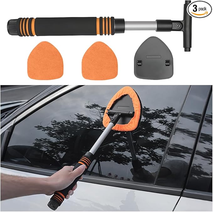 HZEL Car Windshield Cleaner Tool with Extendable Handle, Vehicle Glass Wiper Window Cleaning Tool with 2 Reusable Microfiber Pad, Auto Windscreen Detailing Cleaner Kit, Universal Fit (Triangle Orange)
