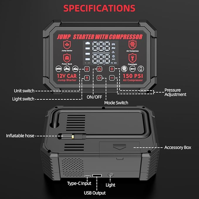 Jump Starter with Air Compressor, 4000A Peak Portable Car Battery Jumper Starter with 150PSI Auto-Shutoff Tire Inflator, 12V Car Jump Box with LED Light&LED Display All Gas /10L Diesel,Motorcycle
