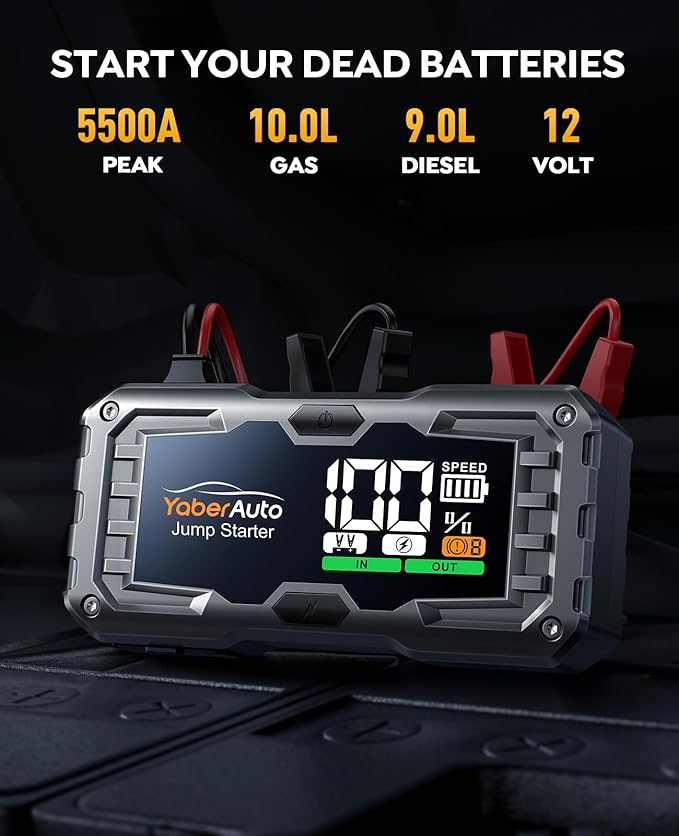 YaberAuto Car Battery Jump Starter 5500A Portable Car Jump Starter Battery Pack (10.0L Gas/9.0L Diesel), 12V Car Battery Jumper Starter Portable, Jump Box with Jumper Cables, 160W DC, 4-Modes-Lights