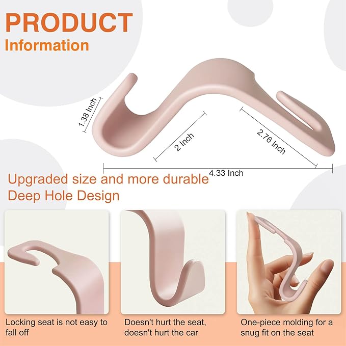 Car Seat Hooks & Purse Holder - 4 Pack Boxed,55 lb Heavy Duty,Eco PP Car Hooks for Purse/Bag/Baby Gear/Gym Bag/Groceries/Cup/,Fits 0.32-0.55”Car Headrest Rods (Pink)