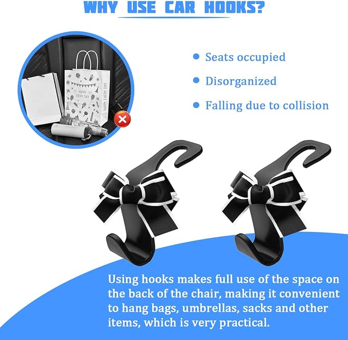 2PCS Car Seat Headrest Hooks, Cute Bow Vehicle Backseat Storage Hanger for Handbag Umbrella Coat, Automotive Seat Back Hook Holder Organizer Decor, Universal for Vehicles (Black/White)