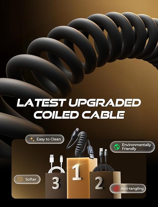 LISEN Coiled USB C Cable, 2 Pack for Android Auto & CarPlay Cable, Short USB A to USB C Cable Compatible with iPhone 17/16/15, Samsung Galaxy S25/S24/S23 A15/A14, Google Pixel 9/8, Space Black 4+6FT