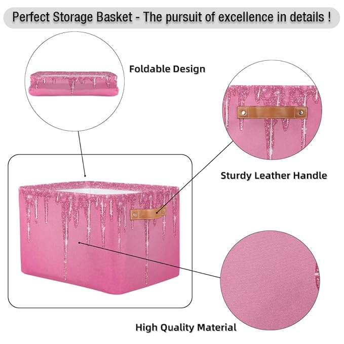 Pink Sparkly Storage Baskets for Organizing, Fabric Collapsible Storage Bins Box Pink Glitter Decorative Toy Organizer Baskets for Closet Shelves Gift Basket 1 Pc