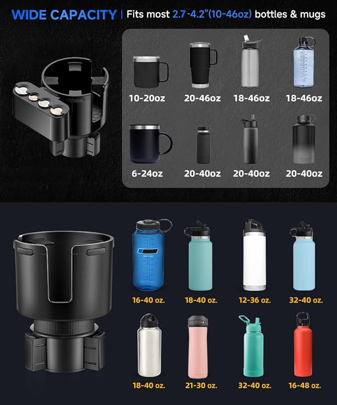 GDQ 2-in-1 Car Cup Holder Expander with Coin Organizer - Adjustable Base, Universal Fit for Most Vehicles, Compatible with Yeti/Stanley Large Mugs & All Handle Cups, Automotive Interior Storage