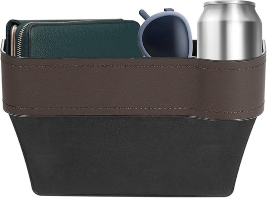 HARFINGTON Car Seat Gap Filler Organizer 10.2 x 6.5 x 3.1 Inch ABS+Leather Universal Car Organizer Storage Box Between Seat and Console (Right) with Cup Holders for Phone Keys, Brown