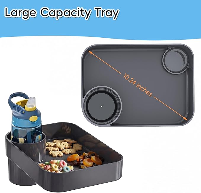 Kids Car Seat Tray, Travel Tray with Cup Holder for Toddler Baby, Kids Car Seat Food Snack Organizer for Road Trip, Stroller Snack Organizer Travel Must Haves Toddler Must Haves (Dark Gray, 2 Packs)