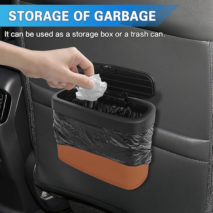 Car Trash Can with Lid, Car Trash Bin, Leakproof Vehicle Garbage Can with 30PCS Garbage Bags, Waterproof Auto Hanging Dustbin Storage Bag Container Accessories Fit SUV Office Home (Brown-1PCS)