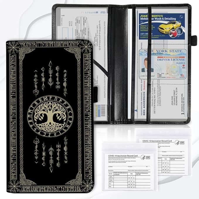 Car Registration and Insurance Card Holder, Vehicle License Documents Glove Box Compartment Organizer Wallet, ID Card Holder for Car Essentials Automobile, Norse Mythology Viking
