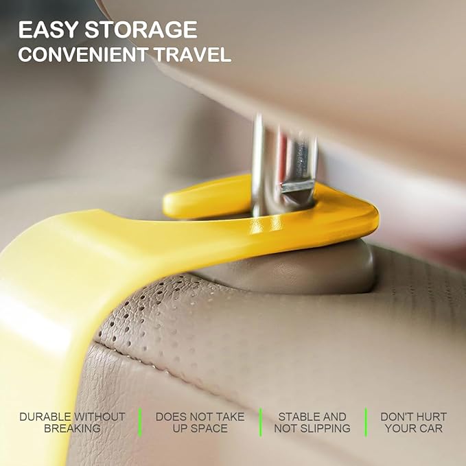 Osilly Car Seat Headrest Hook, 4 Pack Auto Seat Hanger Storage Organizer for Purse Handbag Coats Grocery Bags, Automotive Interior Accessories, Universal Vehicle Backseat Hanging Hook (Yellow)