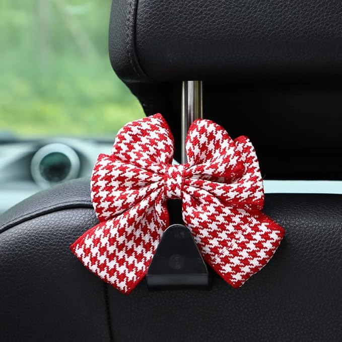 2-Pack Car Purse Hooks for Hanging Purses and Bags, Cute Bow car seat headrest Hooks for Hanging car Purse Hooks. (Houndstooth red)