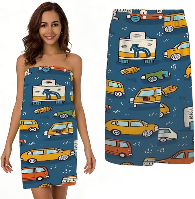 Women's Bath Wrap Cartoon Cars Pattern Absorbent Shower Spa Body Bath Robe Wraps Bathrobe Towel with Adjustable Closure