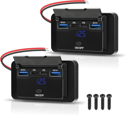 2 Pack 78W 12V USB Outlet Panel Wall Mount with Blue Voltmeter Dual 36W PD & Dual 18W QC3.0 Car USB Port Lightweight 12V USB Charger with ON/Off Switch