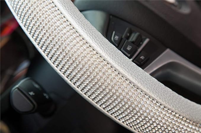 New Diamond Leather Steering Wheel Cover with Bling Bling Crystal Rhinestones, Universal Fit 15 Inch Car Wheel Protector for Women Girls Silver