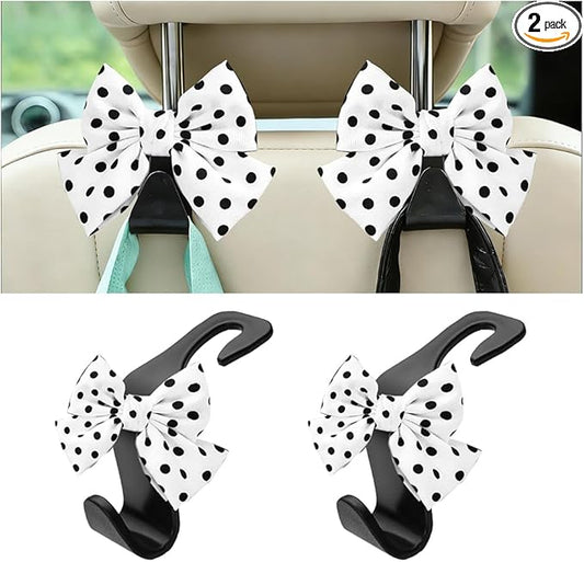 2PCS Car Seat Headrest Hooks, Cute Bow Vehicle Backseat Storage Hanger for Handbag Umbrella Coat, Automotive Seat Back Hook Holder Organizer Decor, Universal for Vehicles (White Polka Dots)