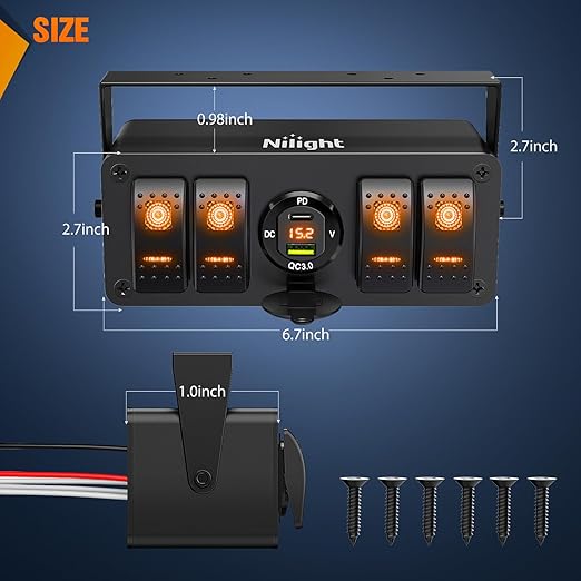Nilight 4 Gang Rocker Switch Box 12V SPST ON Off Toggle Switches PD Type C and QC 3.0 USB Sockcet Voltmeter Orange LED Light Waterproof Aluminum Mount Bracket Panel DIY Stickers for Boat Car RV Truck