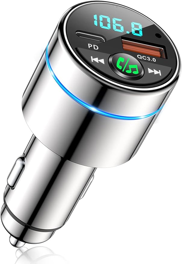RIWUSI FM Transmitter for Car Bluetooth 5.3, [All-Metal] PD 30W & QC3.0 18W Fast Car Charger, Wireless FM Radio Kit Bluetooth Car Adapter, Noise Cancelling Hands-Free Call, Blue Light - Silver