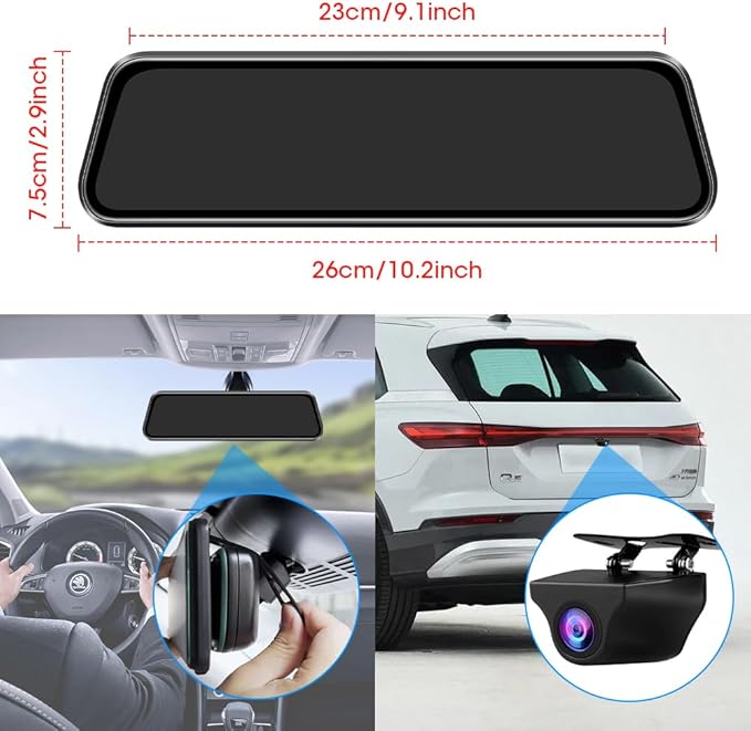 Upgraded 10'' Rear View Mirror Camera Mirror Dash Cam Front and Rear 1080P Backup Camera Full Touch Screen w Loop Recording, G-Sensor Night Vision 170° Wide Angle