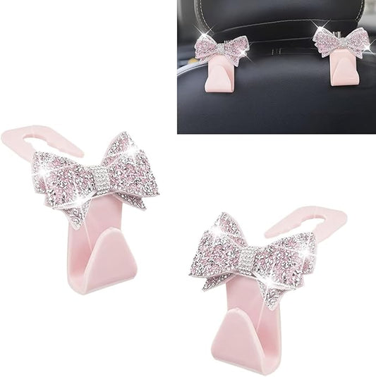 2PCS Bling Car Headrest Hook, Crystal Rhinestone Cute Bow Vehicle Seat Back Hook, PVC Multi-Functional Hook for Handbags Shopping Bags Wallet, Universal for Most Vehicles (Pink)