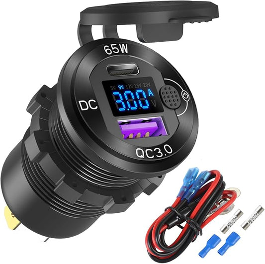 12V USB Outlet Aluminum Car Charger PD65W Port for Laptops, Quick Charge 3.0 USB Port for Car, Built-in Boost 15V 20V Output Socket Waterproof with Voltmeter and Switch for RV Marine Boat, etc