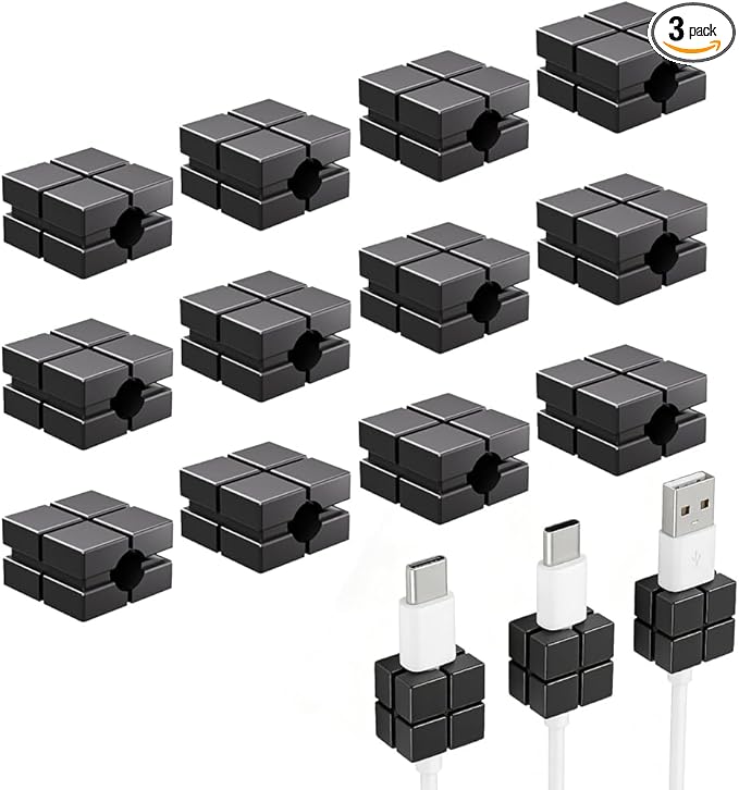 Magnetic Cord Organizer Holder, Upgrade Cord Holder for Nightstand, Adhesive Wire Cable Clips Management Kit for Phone Charger, Computer, Home, Office, Desk, Nightstand (Black-A, 12 Packs)