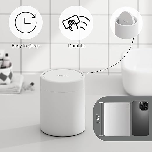 Mini Desk Trash Can with Lid for Desk,1.6L Brushed Stainless Steel Countertop Trash Can with Lid for Desktop Car Office Kitchen, Swing Top Trash Bin with a Roll of Trash Bag（White）
