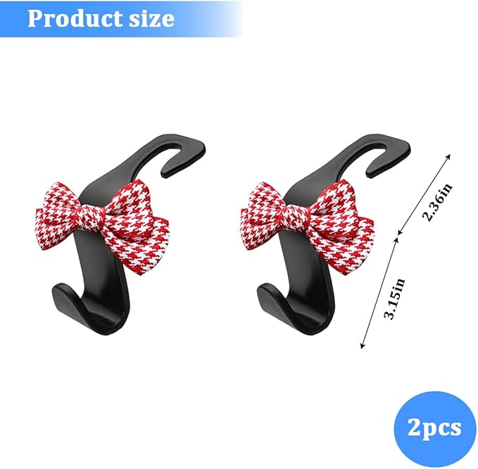 2PCS Car Seat Headrest Hooks, Cute Bow Vehicle Backseat Storage Hanger for Handbag Umbrella Coat, Auto Seat Back Hook Holder Organizer Decor, Universal for Vehicles (Small Red Houndstooth)