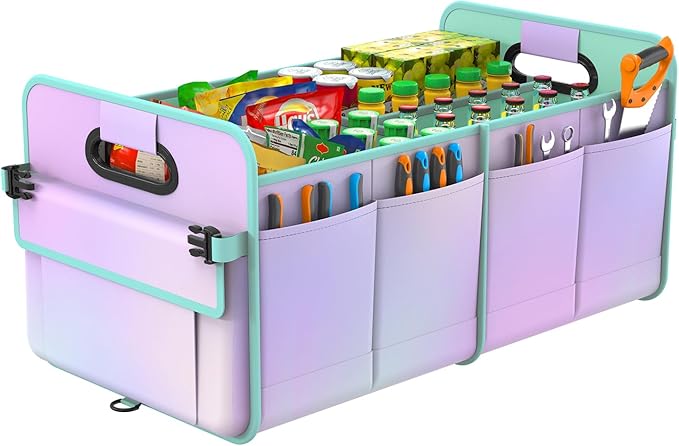 Trunk Organizer For Suv&Sedan,Car Organizers&Storage, Waterproof Collapsible & Adjustable Straps,70L Sturdy Car Organization for Car Accessories,Tools,Sundries,2-3Compartment(Colorful Green)