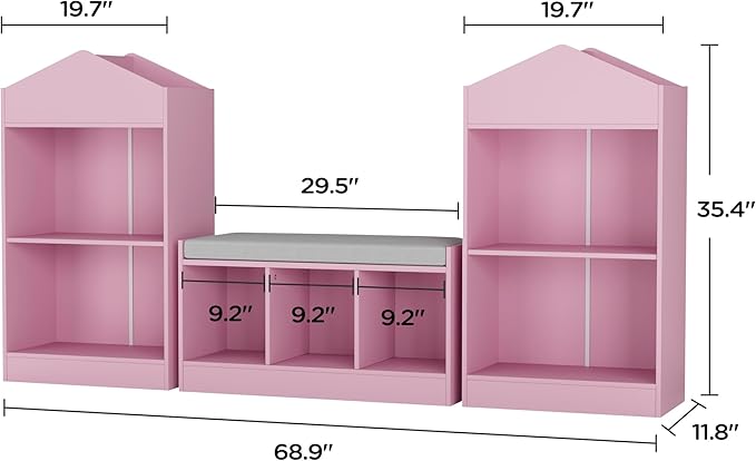 MHOM 68.9“ Kids Bookshelf with Reading Nook, Toy Storage Organizer with Seat Cushion and 7 Storage Cubbies, Wooden Kids Bookcase, Toy Organizers for Nursery, Playroom, Pink