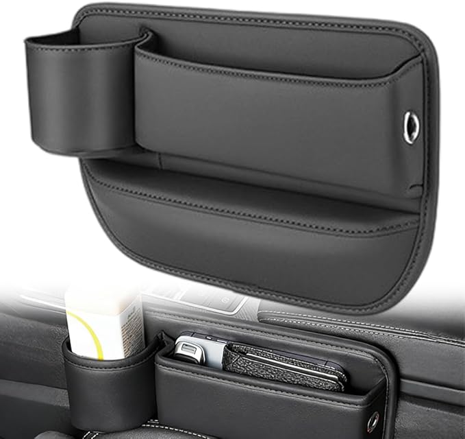 Car Leather Cup Holder Gap Bag, Adjustable Car Seat Gap Storage Box Leather with Cup Holder, for Keys, Cards, Phone, Sunglasses, Multi-Purpose Essentials Organizer (Black, Driver's Seat)