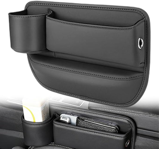 Car Leather Cup Holder Gap Bag, Adjustable Car Seat Gap Storage Box Leather with Cup Holder, for Keys, Cards, Phone, Sunglasses, Multi-Purpose Essentials Organizer (Black, Driver's Seat)