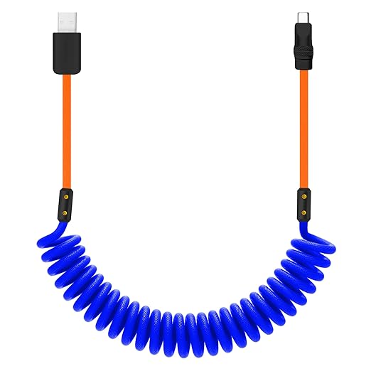 chubbycable Curly Chubby 120W Coiled USB C Cable Retractable Fast Charging Cable for Car Charger Cord Compatible with iPhone 17-15 Series, Dark Blue+Orange, USB-A to Type-C, 2.29FT-3.6FT