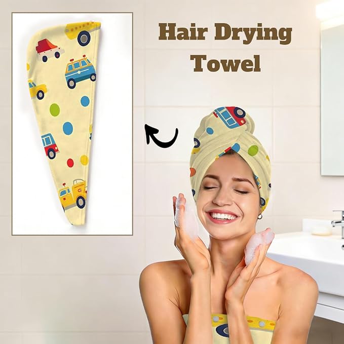 Women Bath Wrap Hair Towel Drying Cap Set Colored Cars Bus Polka Dots Soft Absorbent Bathrobe Shower Wraps with Adjustable Closure Spa Bath Robe