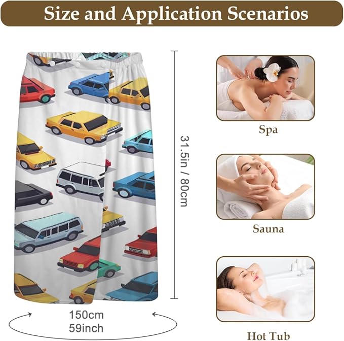 Women's Bath Wrap Colorful Cars Pattern Absorbent Shower Spa Body Bath Robe Wraps Bathrobe Towel with Adjustable Closure