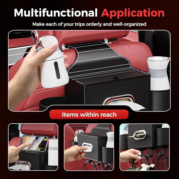 Back Seat Car Organizer,3 in 1 Car Backseat Storage Box with Cup Holder,Tissue Box,Trash Bin&Hooks,Multifunctional Waterproof Storage for Hold Phones Snacks Drinks Handbags (1, A-Red)