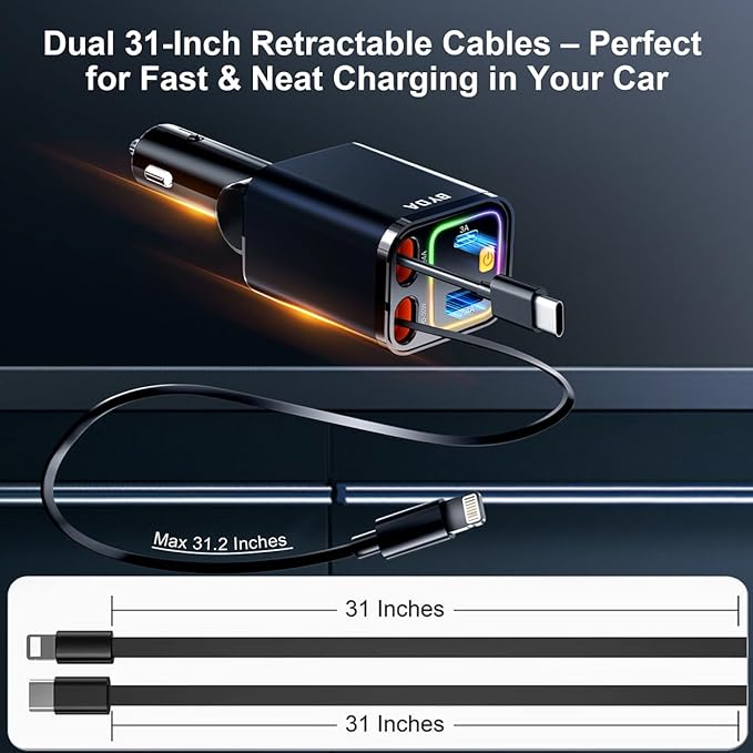 4 in 1 Retractable Car Charger with Starry Light,69W USB-C Fast Car Charger, for iPhone 17/16/15/14/13/12/11, Android,Pixel,Cigarette Lighter Charger (for Apple+Type C &RGB [Black])