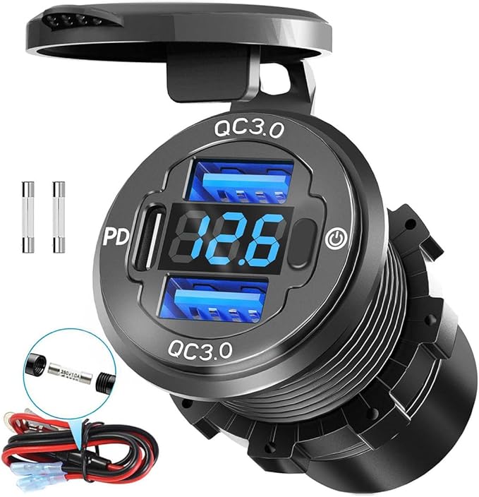 78W Triple-Port 12V USB Outlet with Voltmeter & Switch - PD3.0 & Dual QC3.0 Quick Charge Car Charger Socket, Aluminum Alloy Waterproof USB C Port for Car Boat Marine Motorcycle RV Truck ATV Golf Cart